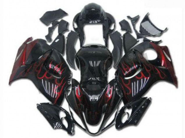 Billigste Suzuki GSXR 1300 Hayabusa Motorrad Verkleidung 2008-2020 - Glanzendes Schwarz Rot Flamme