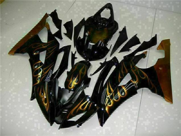 Billigste Yamaha YZF R6 Motorrad Verkleidung 2008-2016 - Glanzendes Schwarz Gold Flamme