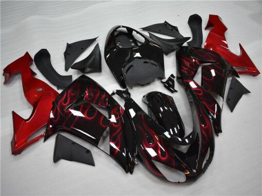 Billigste Kawasaki ZX10R Motorrad Verkleidung 2006-2007 - Glanzendes Schwarz Rot Flamme