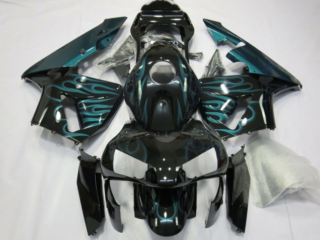Billigste Honda CBR600RR Motorrad Verkleidung 2003-2004 - Glanzendes Schwarz Grun Flamme
