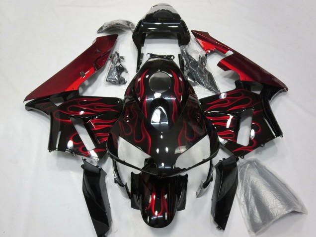 Billigste Honda CBR600RR Motorrad Verkleidung 2003-2004 - Glanzendes Schwarz Rot Flamme