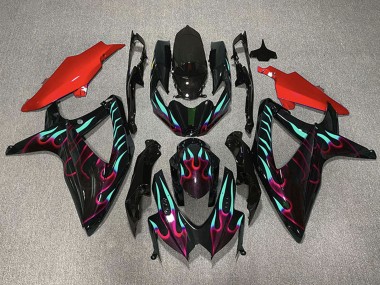 Billigste Suzuki GSXR 600 / GSXR 750 Motorrad Verkleidung 2008-2010 - Glanzendes Schwarz Rot Cyan Flamme