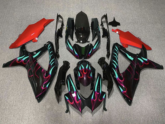 Billigste Suzuki GSXR 600 / GSXR 750 Motorrad Verkleidung 2008-2010 - Glanzendes Schwarz Rot Cyan Flamme