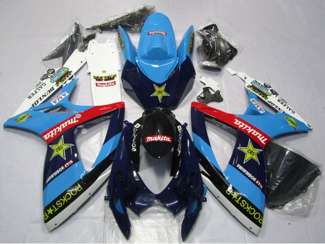 Billigste Suzuki GSXR 600 / GSXR 750 Motorrad Verkleidung 2006-2007 - Blau Weiss Rot Glanzendes Schwarz RockStar