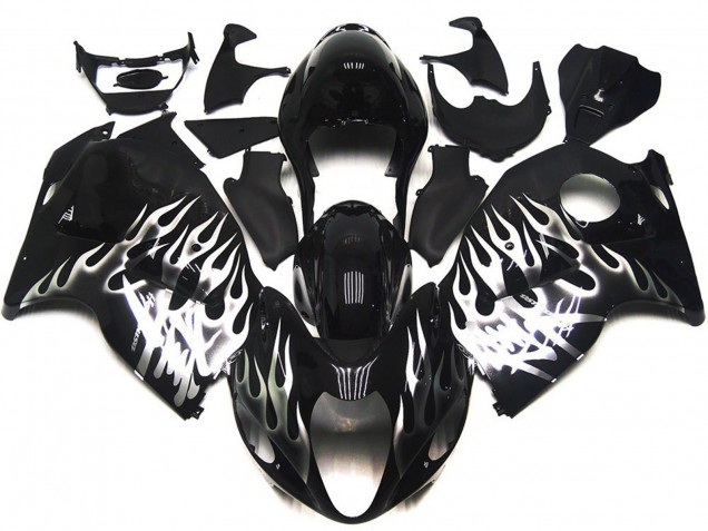 Billigste Suzuki GSXR 1300 Motorrad Verkleidung 1996-2007 - Glanzendes Schwarz mit Silber Flamme