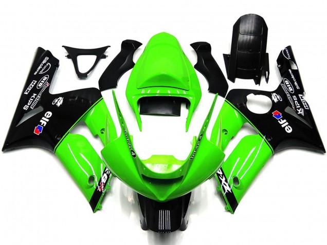 Billigste Kawasaki ZX6R Motorrad Verkleidung 2003-2004 - Grun Glanzendes Schwarz Elf Silkolene