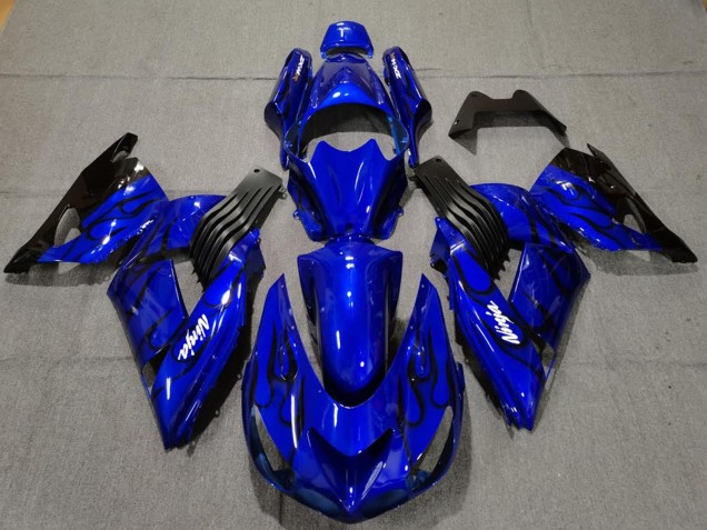 Billigste Kawasaki ZX14R Motorrad Verkleidung 2006-2011 - Blau Schwarz Flamme