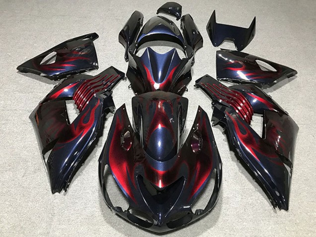 Billigste Kawasaki ZX14R Motorrad Verkleidung 2006-2011 - Chameleon Blau Schwarz Rot Flamme