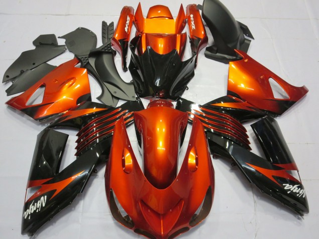Billigste Kawasaki ZX14R Motorrad Verkleidung 2006-2011 - Orange Glanzendes Schwarz