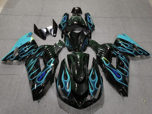 Billigste Kawasaki ZX14R Motorrad Verkleidung 2006-2011 - Glanzendes Schwarz Hellblau Flamme