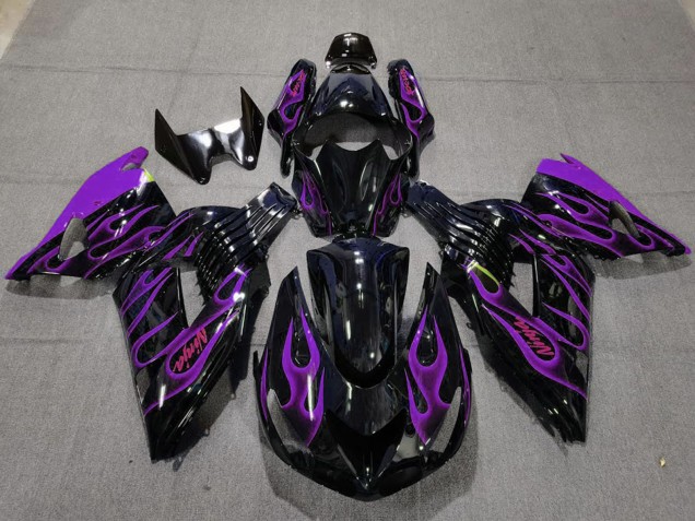 Billigste Kawasaki ZX14R Motorrad Verkleidung 2006-2011 - Glanzendes Schwarz Lila Flamme