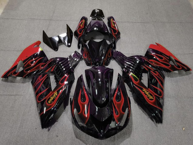 Billigste Kawasaki ZX14R Motorrad Verkleidung 2006-2011 - Glanzendes Schwarz Rot Flamme Gold Ninja