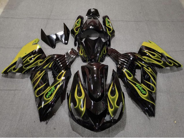 Billigste Kawasaki ZX14R Motorrad Verkleidung 2006-2011 - Glanzendes Schwarz Gelb Flamme