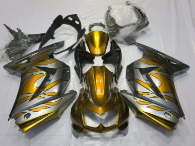 Billigste Kawasaki Ninja 250 Motorrad Verkleidung 2008-2012 - Silber Gold Flamme