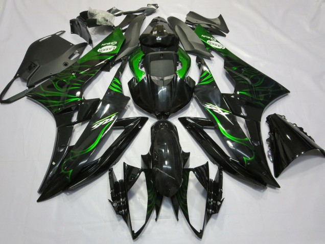 Billigste Yamaha R6 Motorrad Verkleidung 2006-2007 - Glanzendes Schwarz Grun Flamme