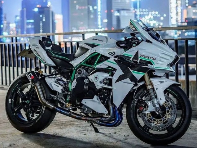 Billigste Kawasaki Ninja H2 Motorrad Verkleidung 2015-2022 - Weiss mit Grun Linie