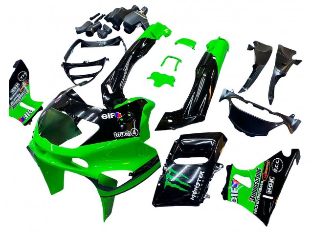 Billigste Kawasaki ZZR400 Motorrad Verkleidung 1993-2007 - Grun Glanzendes Schwarz Grun Monster Elf Touch4 Bridgestone