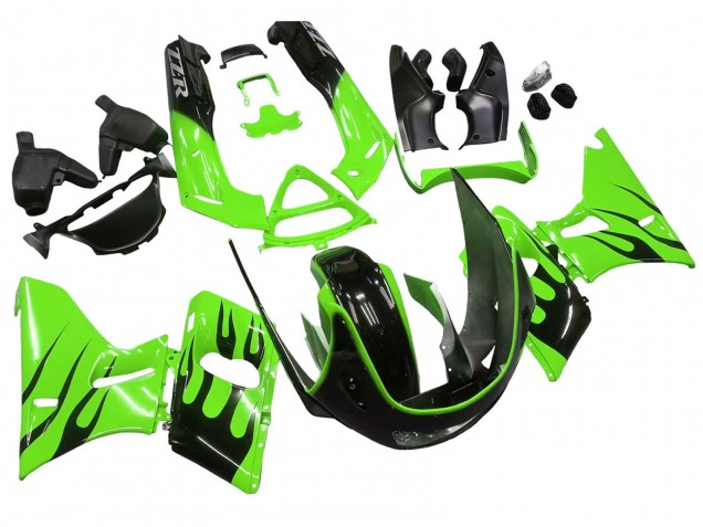 Billigste Kawasaki ZZR400 Motorrad Verkleidung 1993-2007 - Grun Glanzendes Schwarz Flamme