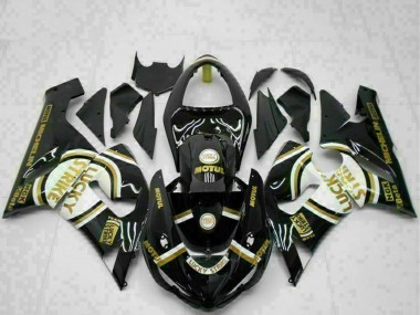 Billigste Kawasaki ZX6R Motorrad Verkleidung 2005-2006 - Glanzendes Schwarz Weiss Gold Lucky Strike