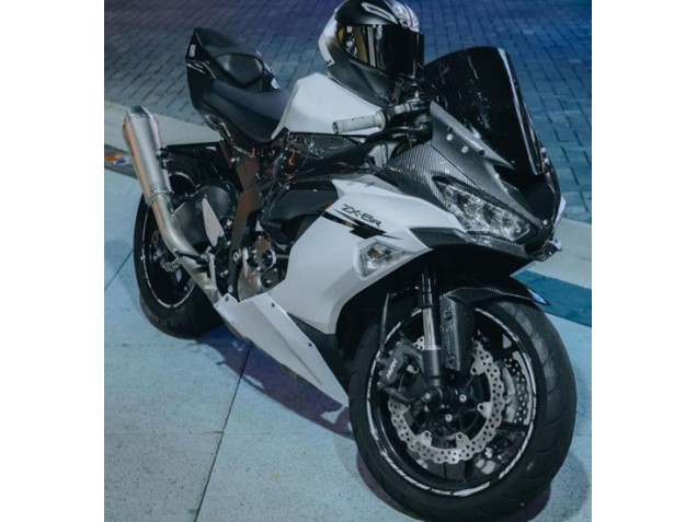 Billigste Kawasaki ZX6R Motorrad Verkleidung 2019-2022 - Weiss Schwarz Carbonfaser