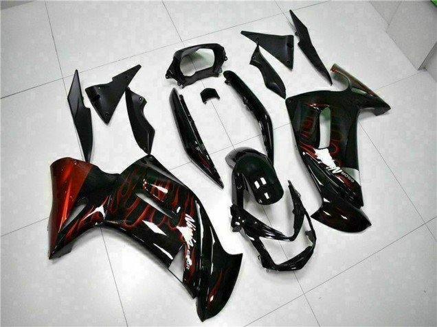 Billigste Kawasaki EX650 Motorrad Verkleidung 2006-2008 - Glanzendes Schwarz Rot Flamme