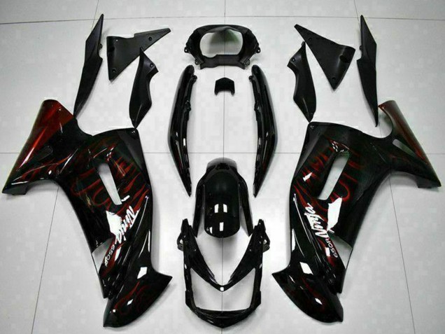 Billigste Kawasaki EX650 Motorrad Verkleidung 2006-2008 - Glanzendes Schwarz Rot Flamme