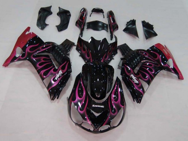 Billigste Kawasaki ZX14R ZZR1400 Motorrad Verkleidung 2006-2011 - Glanzendes Schwarz Rot Rosa Flamme