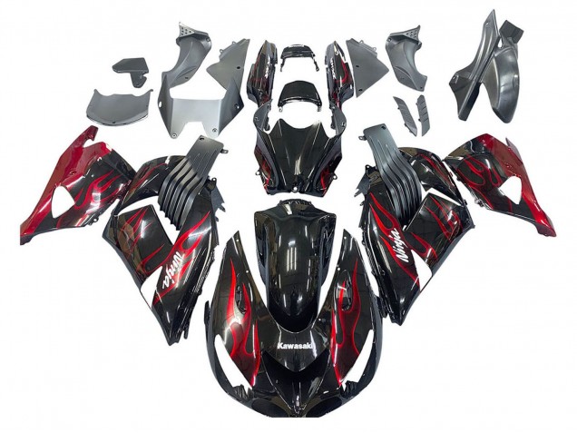 Billigste Kawasaki ZX14R ZZR1400 Motorrad Verkleidung Kit 2006-2011 - Glanzendes Schwarz Rot Flamme