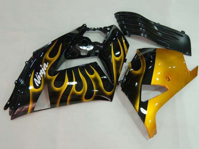 Billigste Kawasaki ZX14R ZZR1400 Motorrad Verkleidung 2006-2011 - Glanzendes Schwarz Gold Flamme