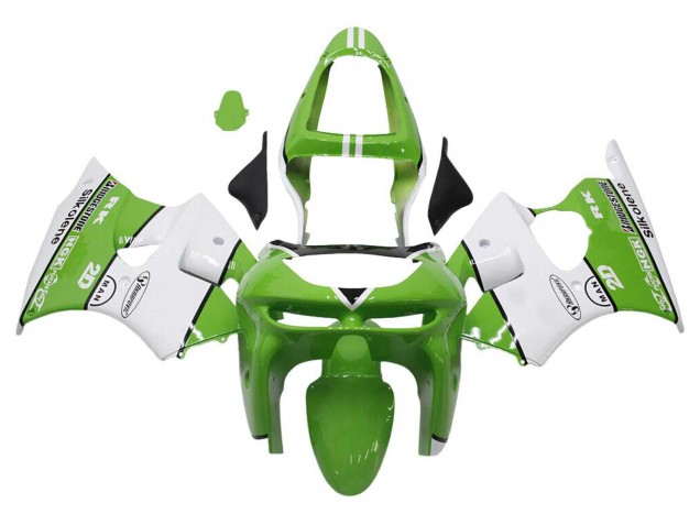 Billigste Kawasaki ZX6R Motorrad Verkleidung 1998-1999 - Grun Weiss Schwarz Silkolene Bridgestone