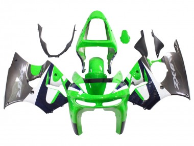 Billigste Kawasaki ZX6R Motorrad Verkleidung 1998-1999 - Grun Weiss Dunkel Blau Silber