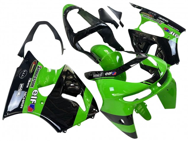 Billigste Kawasaki ZX6R Motorrad Verkleidung 1998-1999 - Grun Glanzendes Schwarz Elf Bridgestone