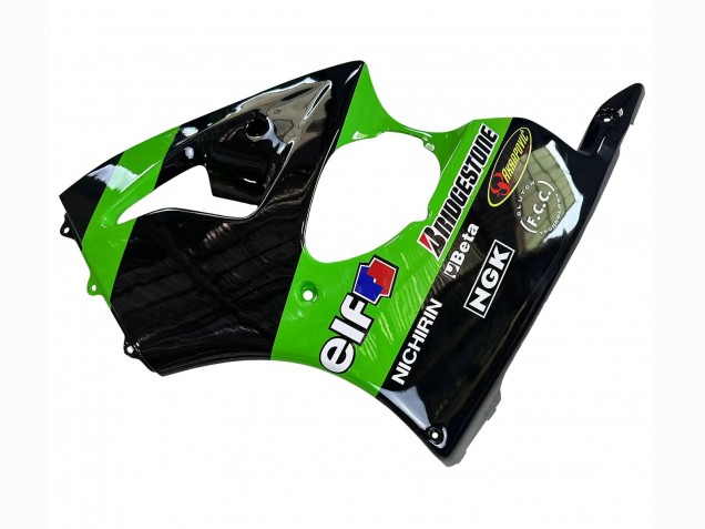 Billigste Kawasaki ZX6R Motorrad Verkleidung 1998-1999 - Grun Glanzendes Schwarz Elf Bridgestone