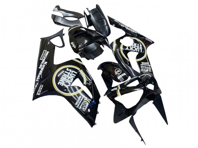 Billigste Kawasaki ZX6R Motorrad Verkleidung 2003-2004 - Glanzendes Schwarz Weiss Motul Lucky Strike