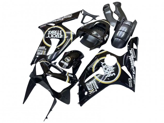 Billigste Kawasaki ZX6R Motorrad Verkleidung 2003-2004 - Glanzendes Schwarz Weiss Motul Lucky Strike