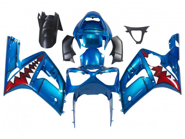 Billigste Kawasaki ZX6R Motorrad Verkleidung 2003-2004 - Blau Weiss Rot Hai