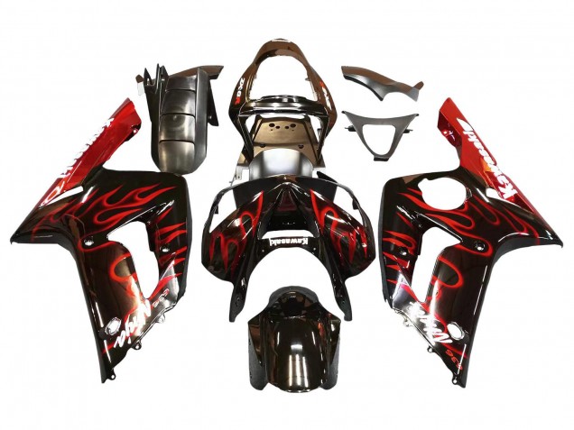 Billigste Kawasaki ZX6R Motorrad Verkleidung 2003-2004 - Glanzendes Schwarz Rot Flamme