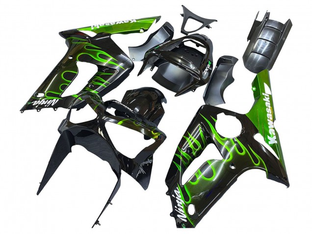 Billigste Kawasaki ZX6R Motorrad Verkleidung 2003-2004 - Glanzendes Schwarz Grun Flamme