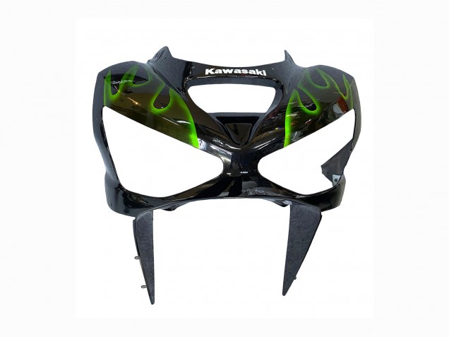 Billigste Kawasaki ZX6R Motorrad Verkleidung 2003-2004 - Glanzendes Schwarz Grun Flamme