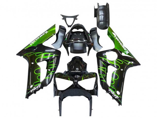 Billigste Kawasaki ZX6R Motorrad Verkleidung 2003-2004 - Glanzendes Schwarz Grun Flamme