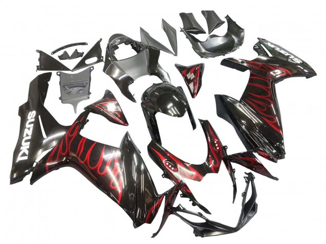 Billigste Suzuki GSXR 600 / GSXR 750 Motorrad Verkleidung 2011-2024 - Glanzendes Schwarz Rot Flamme