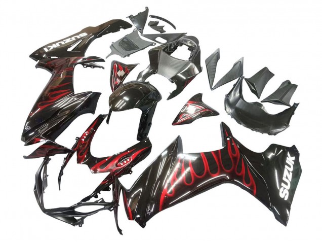 Billigste Suzuki GSXR 600 / GSXR 750 Motorrad Verkleidung 2011-2024 - Glanzendes Schwarz Rot Flamme