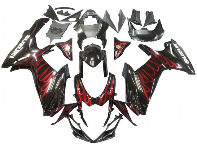 Billigste Suzuki GSXR 600 / GSXR 750 Motorrad Verkleidung 2011-2024 - Glanzendes Schwarz Rot Flamme