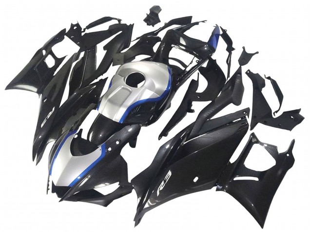 Billigste Yamaha YZF R3/R25 Motorrad Verkleidung 2022-2024 - Schwarzer Carbonfaser Stil Silberblau