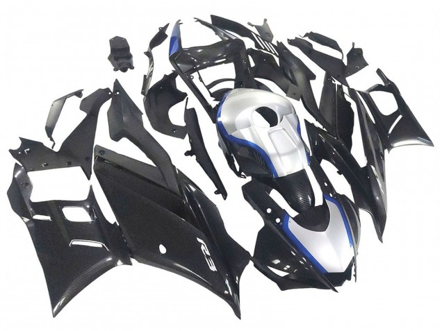 Billigste Yamaha YZF R3/R25 Motorrad Verkleidung 2022-2024 - Schwarzer Carbonfaser Stil Silberblau