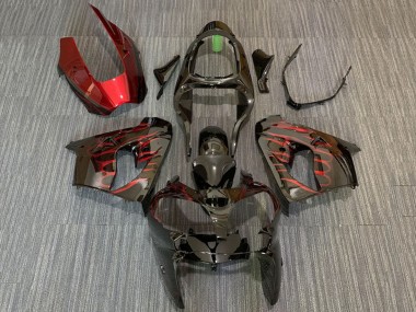 Billigste Kawasaki ZX9R Motorrad Verkleidung 2000-2001 - Glanzendes Schwarz Rot Flamme