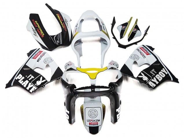 Billigste Kawasaki ZX9R Motorrad Verkleidung 2000-2001 - Weiss Gelb Glanzendes Schwarz Playboy
