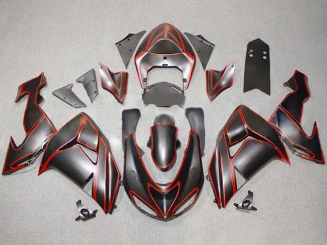 Billigste Kawasaki ZX10R Motorrad Verkleidung 2006-2007 - Matt Schwarz Rot PinStreifen