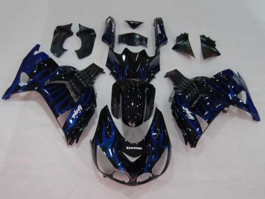 Billigste Kawasaki ZX14R ZZR1400 Motorrad Verkleidung 2006-2011 - Glanzendes Schwarz Blau Flamme