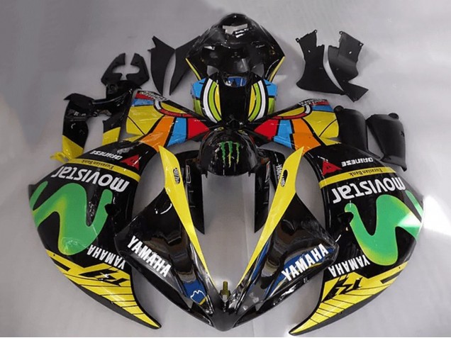 Billigste Yamaha YZF R1 Motorrad Verkleidung 2012-2014 - Glanzendes Schwarz Gelb Grun Weiss Blau MoviStar Monster